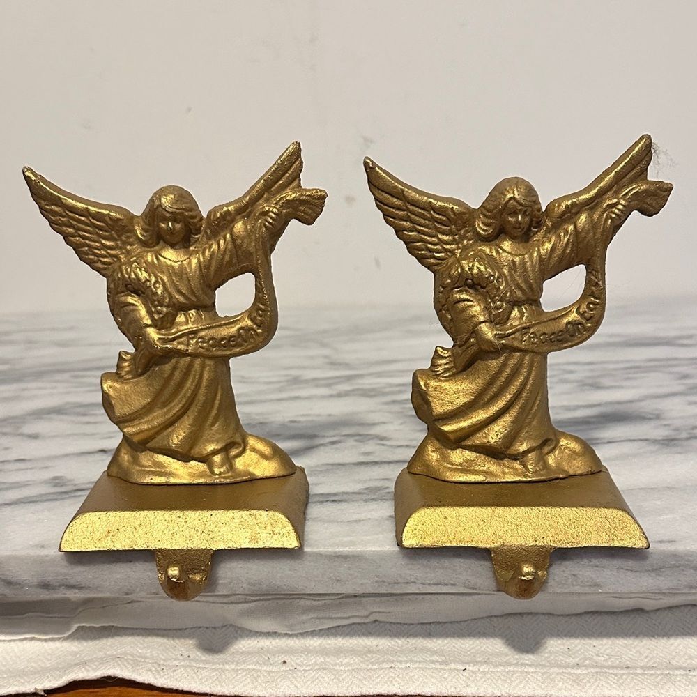 Gold Angel Stocking Holders set of two heavy iron